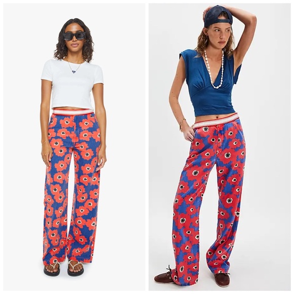 MOTHER Denim - MOTHER The Let It Rip Maven Sneak Pop Art Poppies Floral Blue Red Sz 27 Wide Leg